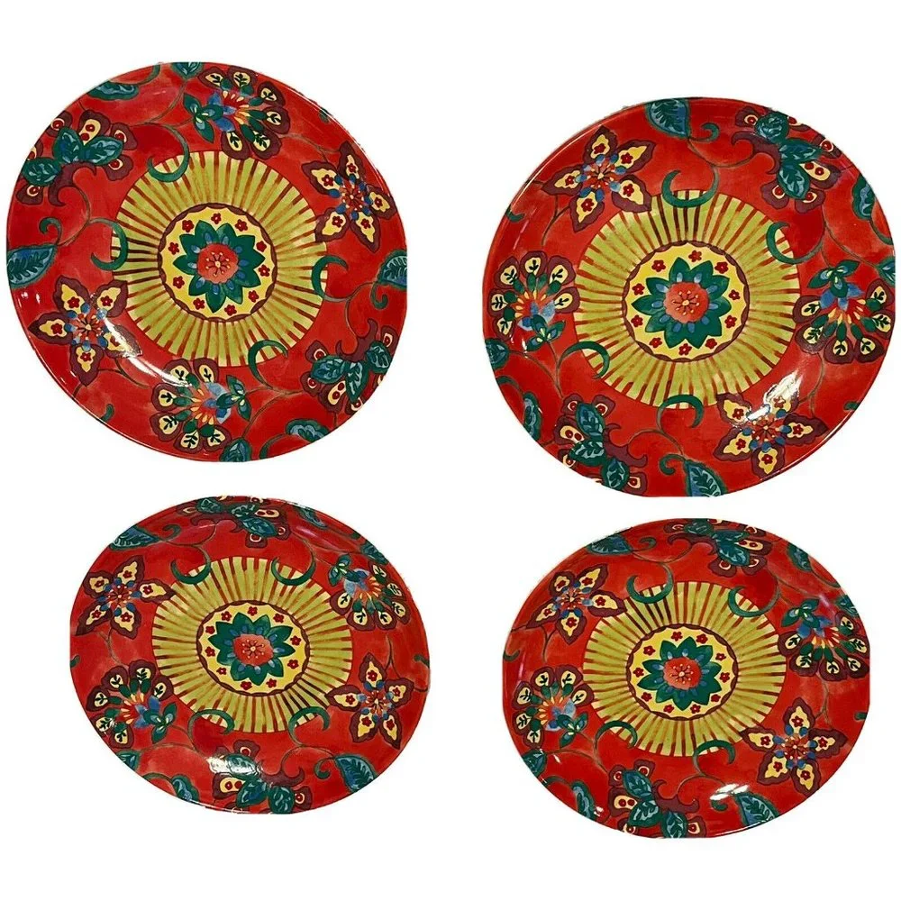 4- pier one 8” salad side Dessert plate red floral